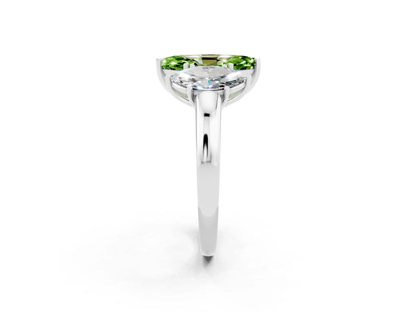 Silver Marquise Cut Peridot Three-Stone Ring with Four-Prong Setting and Classic Band