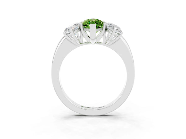 Platinum Marquise Cut Peridot Three-Stone Ring with Four-Prong Setting and Classic Band