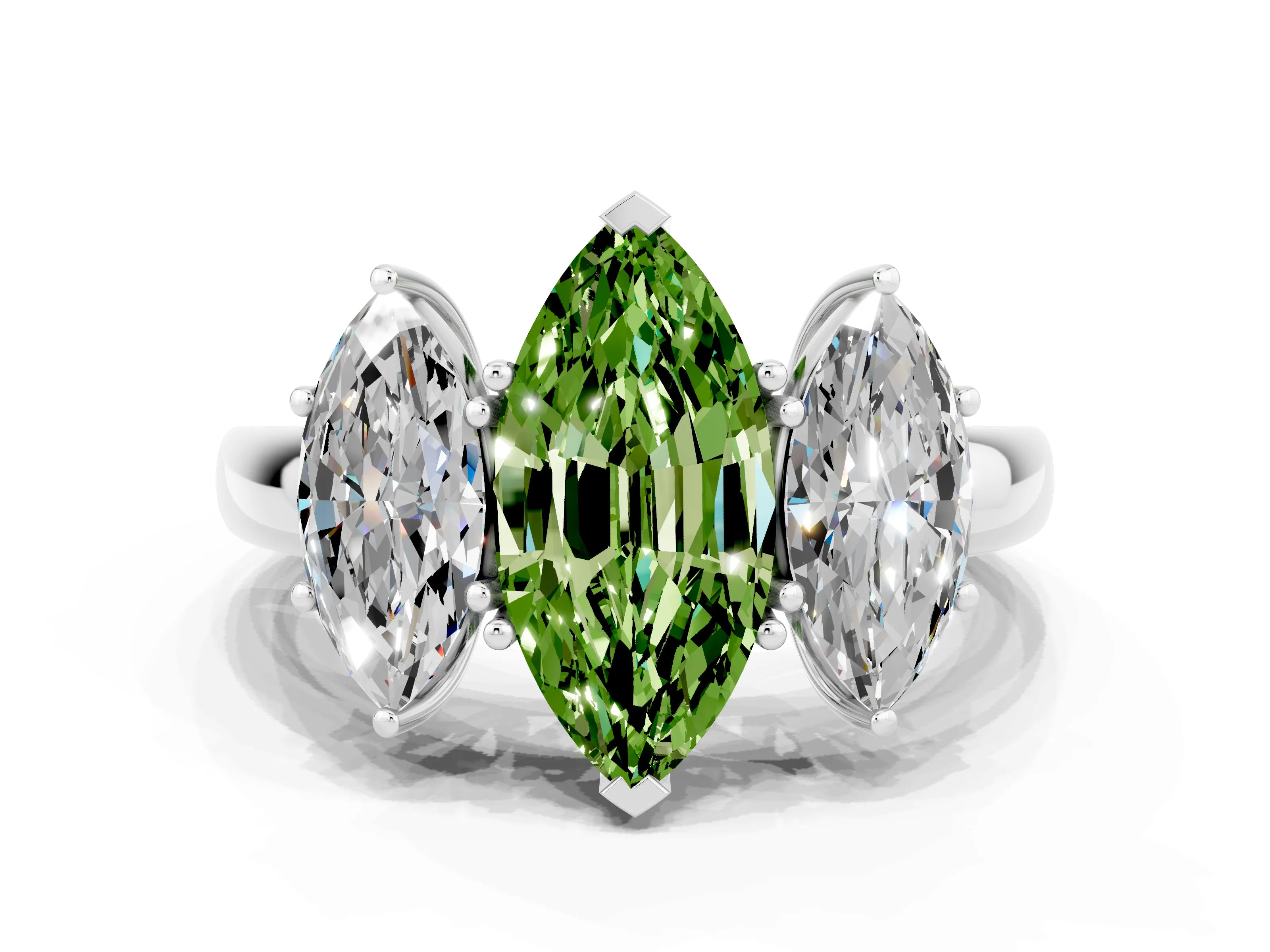White gold Marquise Cut Peridot Three-Stone Ring with Four-Prong Setting and Classic Band