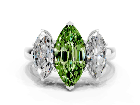 White gold Marquise Cut Peridot Three-Stone Ring with Four-Prong Setting and Classic Band