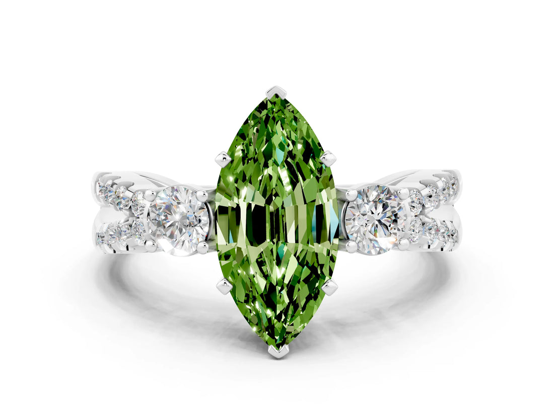 White gold Marquise Cut Peridot Three-Stone Ring with Pavé Split Shank and Four-Prong Setting_12