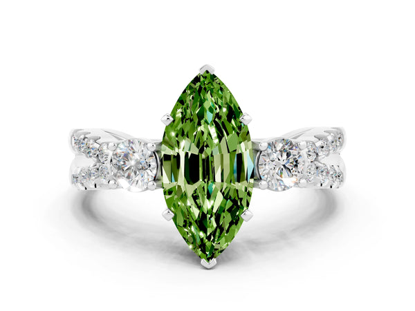 Silver Marquise Cut Peridot Three-Stone Ring with Pavé Split Shank and Four-Prong Setting