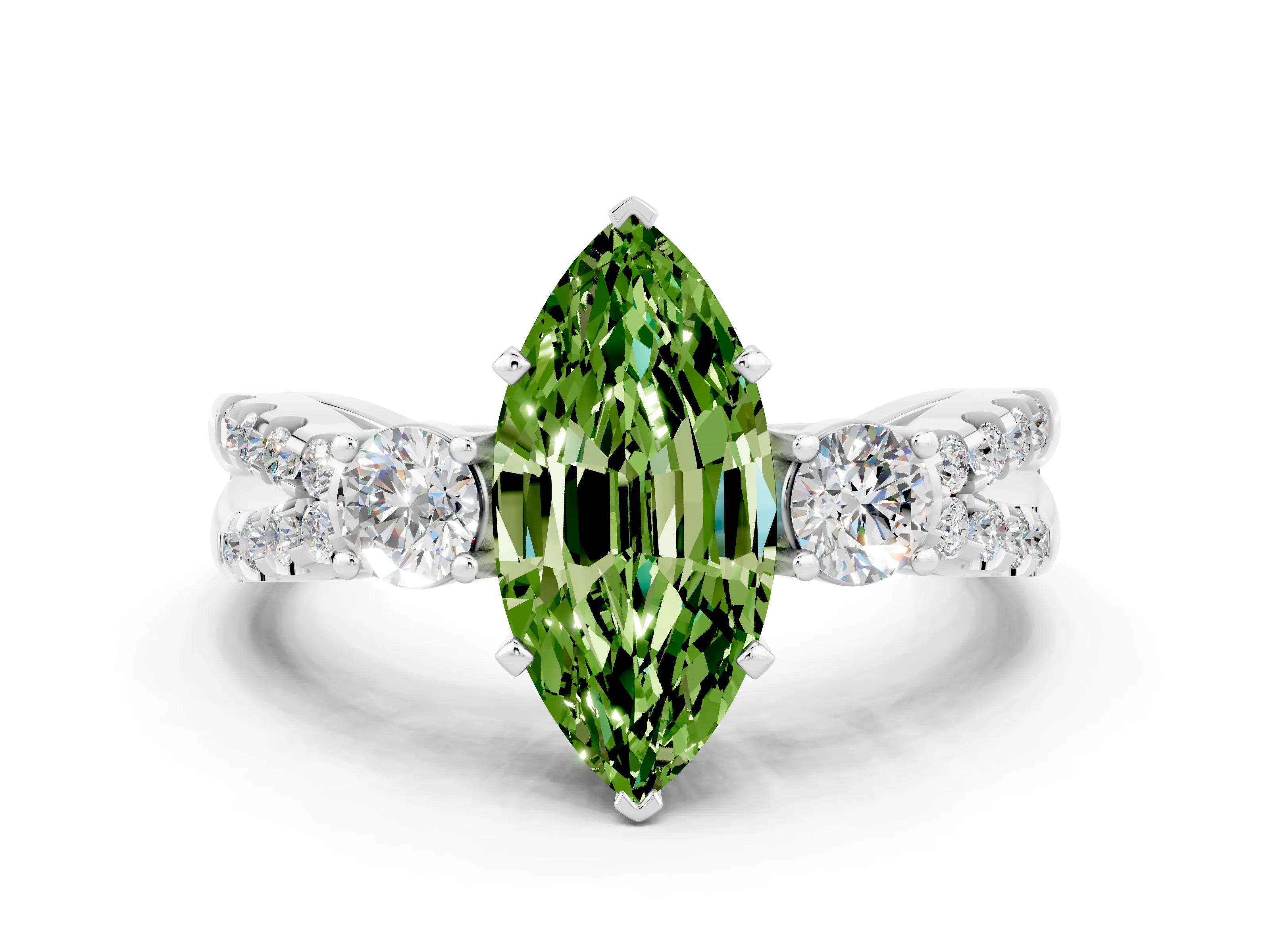 White gold Marquise Cut Peridot Three-Stone Ring with Pavé Split Shank and Four-Prong Setting_12