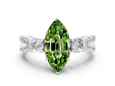 White gold Marquise Cut Peridot Three-Stone Ring with Pavé Split Shank and Four-Prong Setting_12