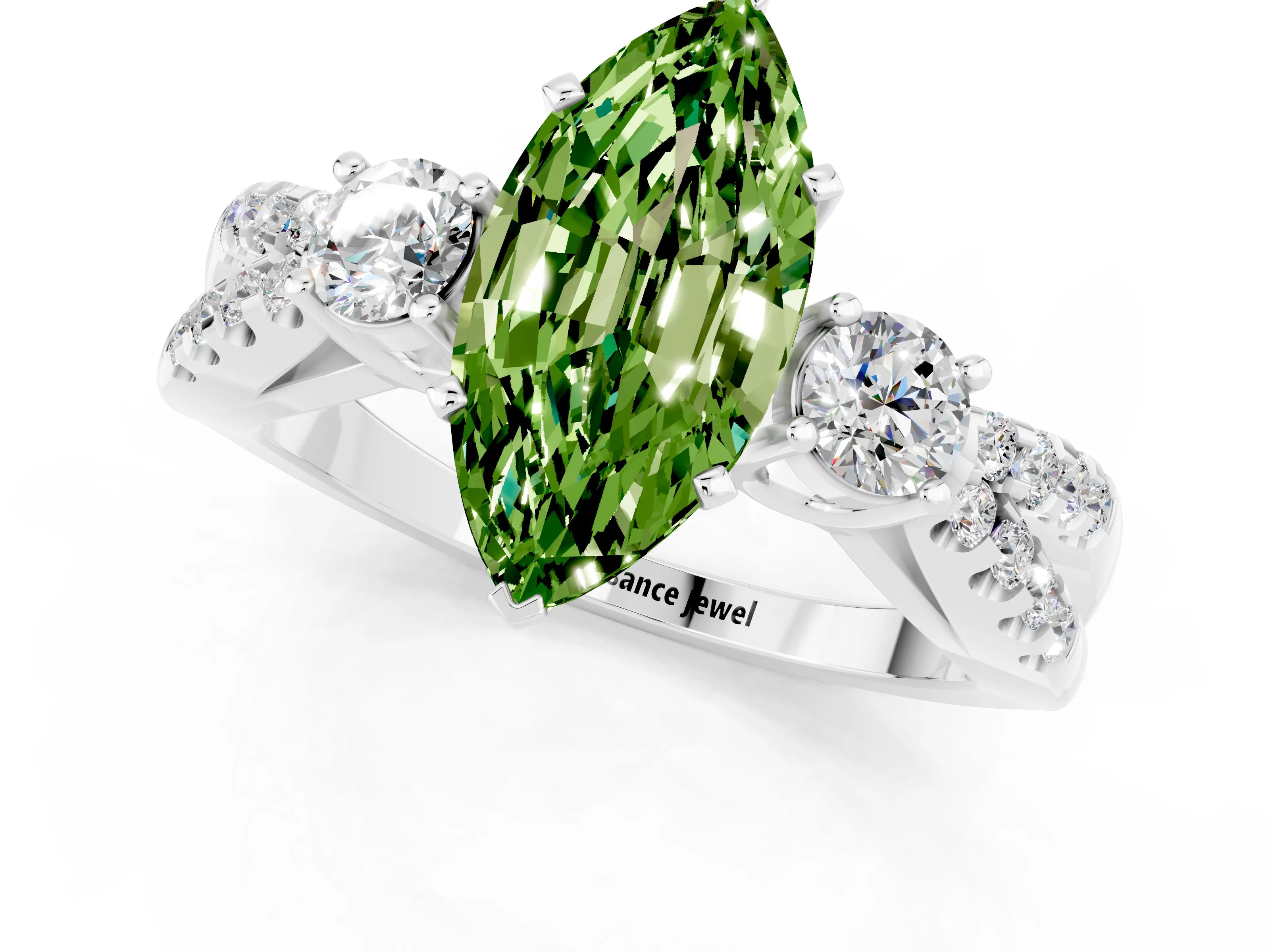 White gold Marquise Cut Peridot Three-Stone Ring with Pavé Split Shank and Four-Prong Setting_13