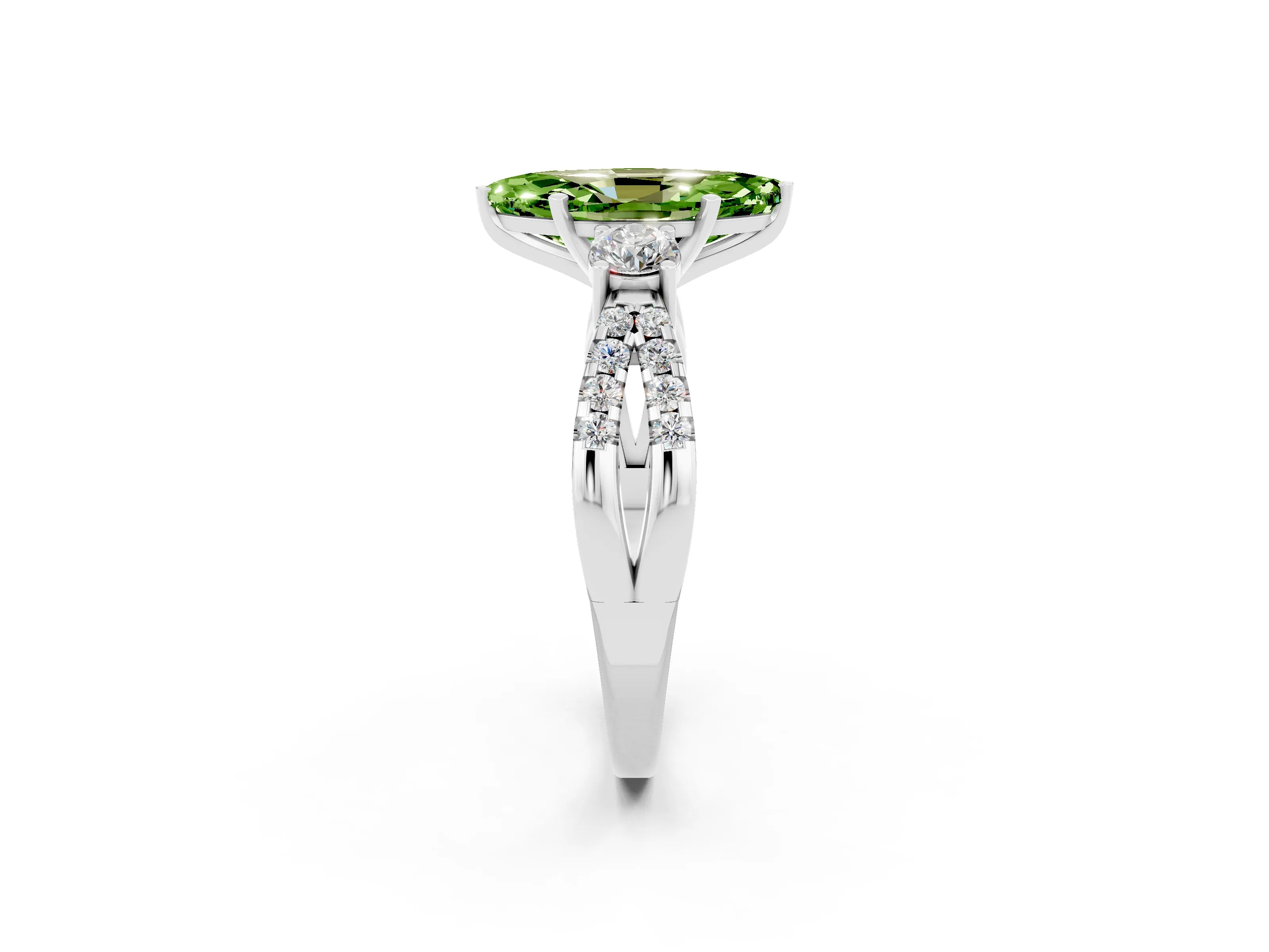 White gold Marquise Cut Peridot Three-Stone Ring with Pavé Split Shank and Four-Prong Setting_14