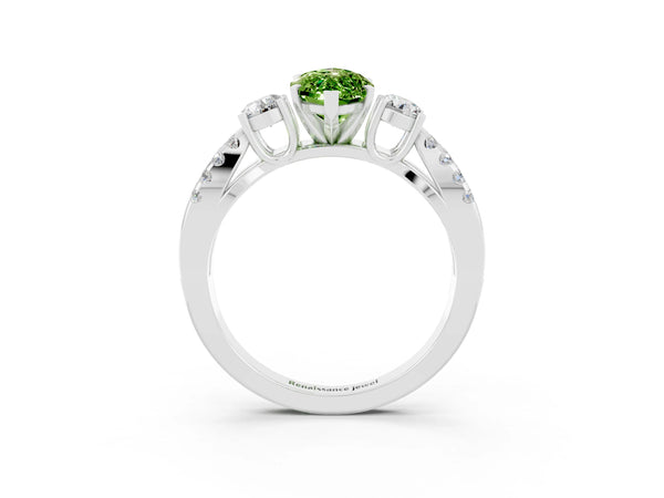 White gold Marquise Cut Peridot Three-Stone Ring with Pavé Split Shank and Four-Prong Setting