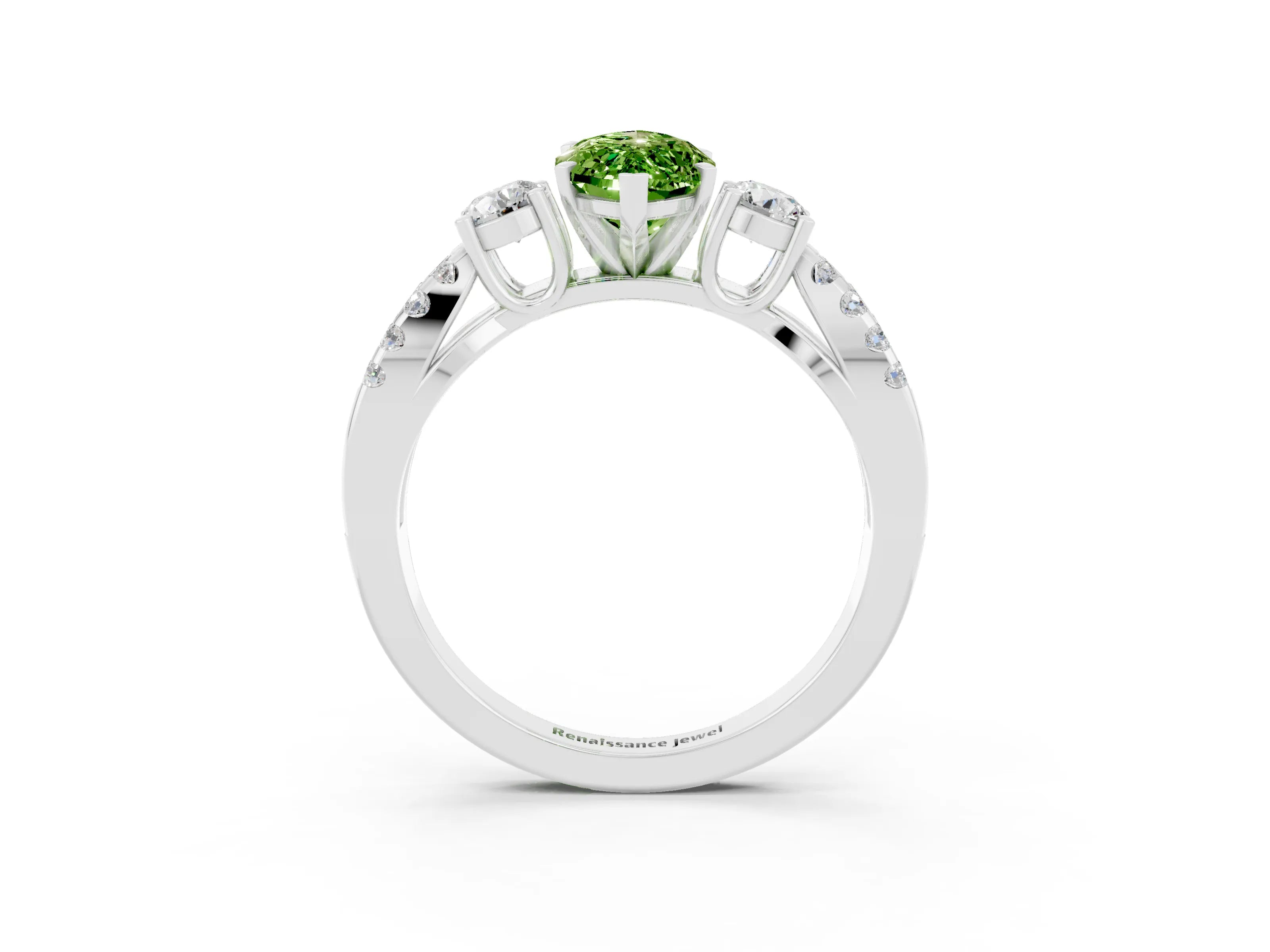 White gold Marquise Cut Peridot Three-Stone Ring with Pavé Split Shank and Four-Prong Setting_15