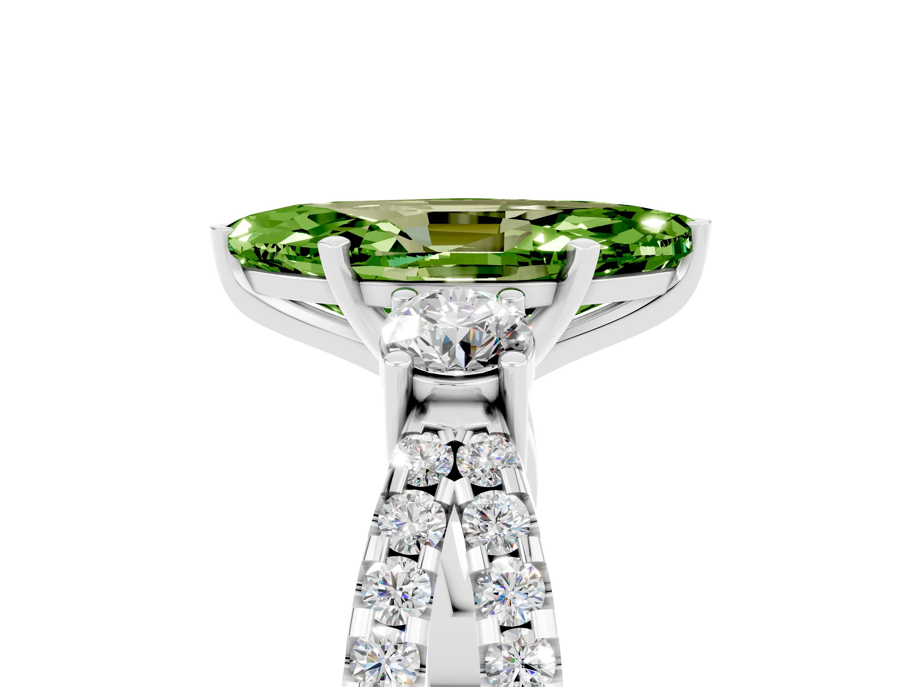 White gold Marquise Cut Peridot Three-Stone Ring with Pavé Split Shank and Four-Prong Setting_17