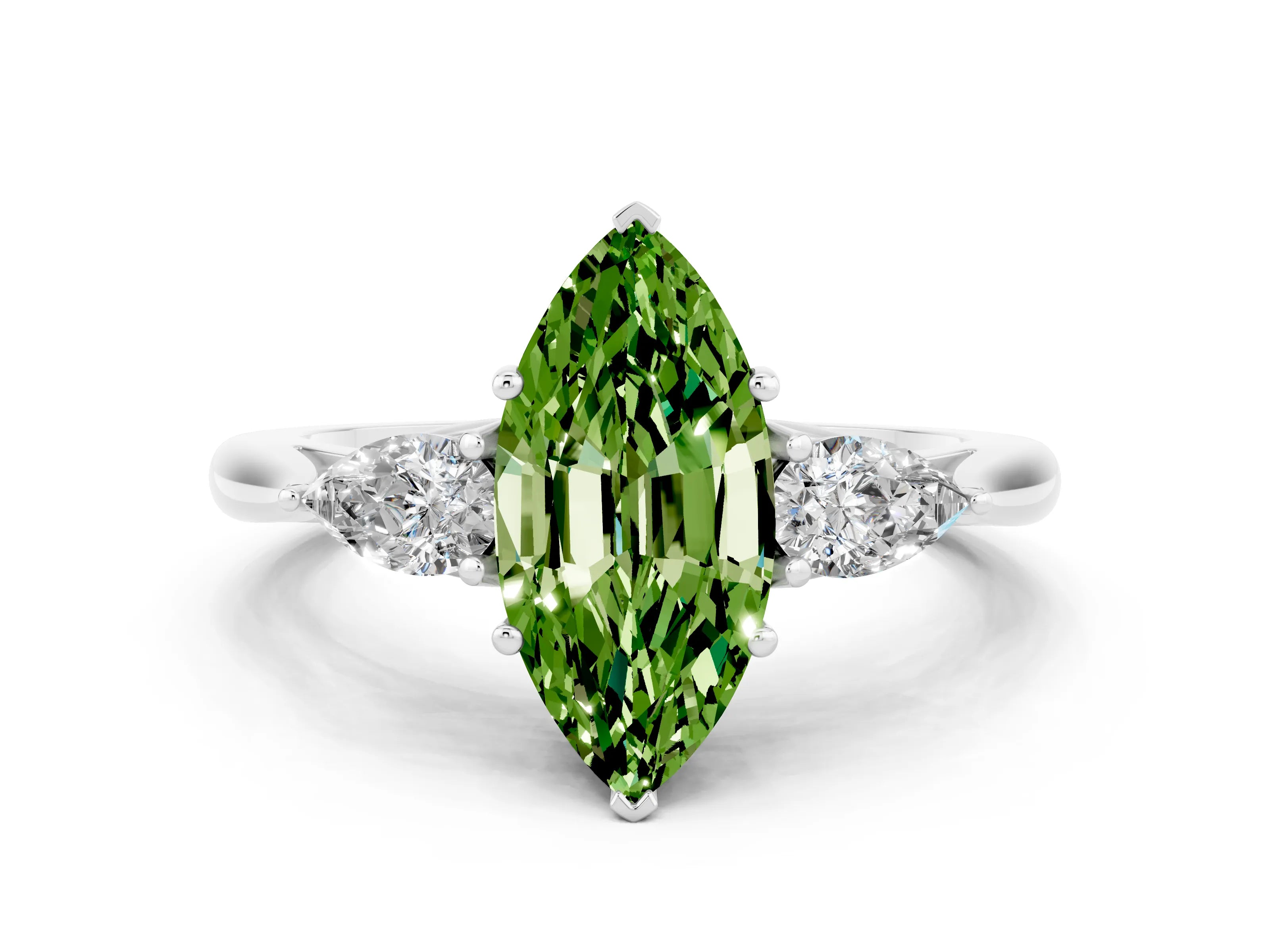 White gold Marquise Cut Peridot Three-Stone Ring with Pear Side Stones and Four-Prong Setting_12
