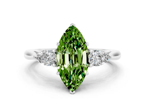 White gold Marquise Cut Peridot Three-Stone Ring with Pear Side Stones and Four-Prong Setting_12