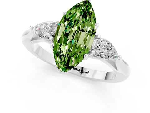 White gold Marquise Cut Peridot Three-Stone Ring with Pear Side Stones and Four-Prong Setting_13