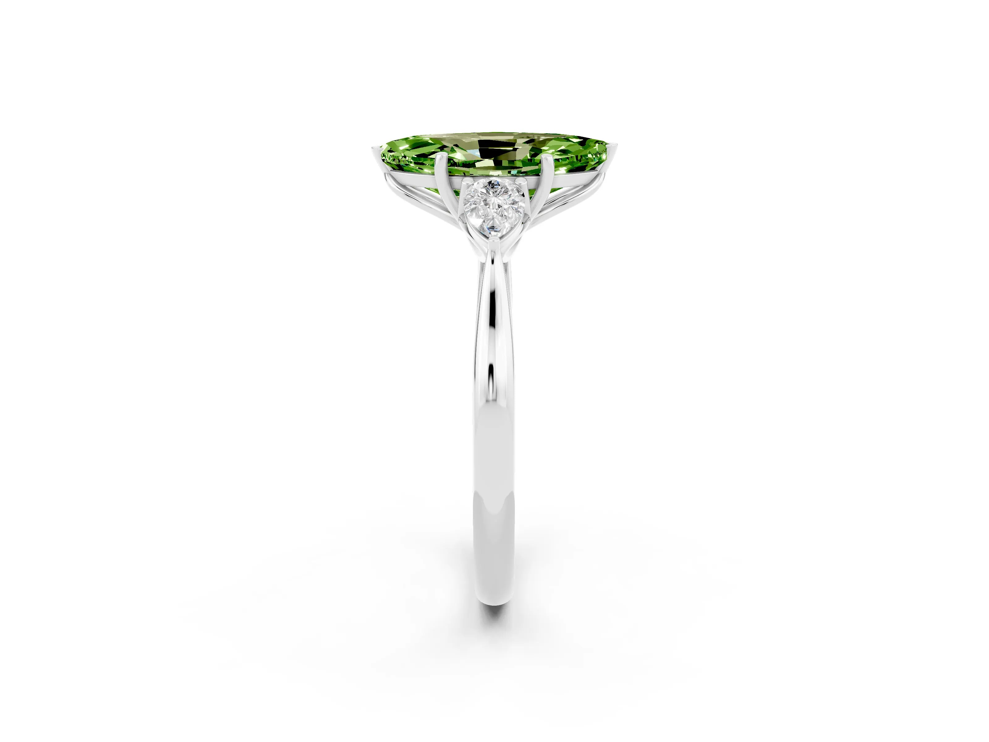 White gold Marquise Cut Peridot Three-Stone Ring with Pear Side Stones and Four-Prong Setting_14