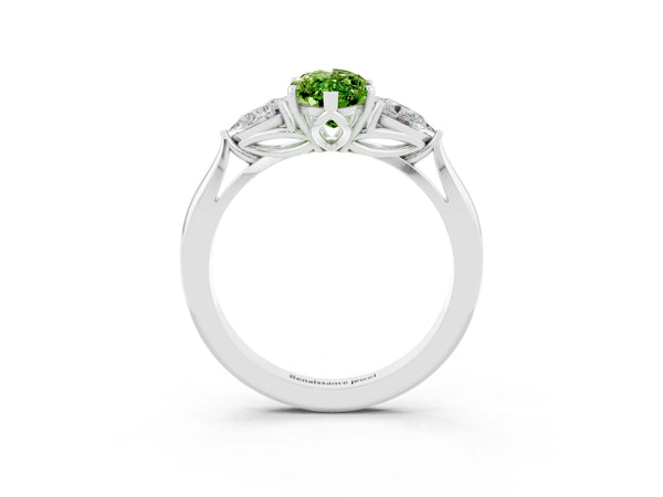 Platinum Marquise Cut Peridot Three-Stone Ring with Pear  Side Stones and Prong Setting