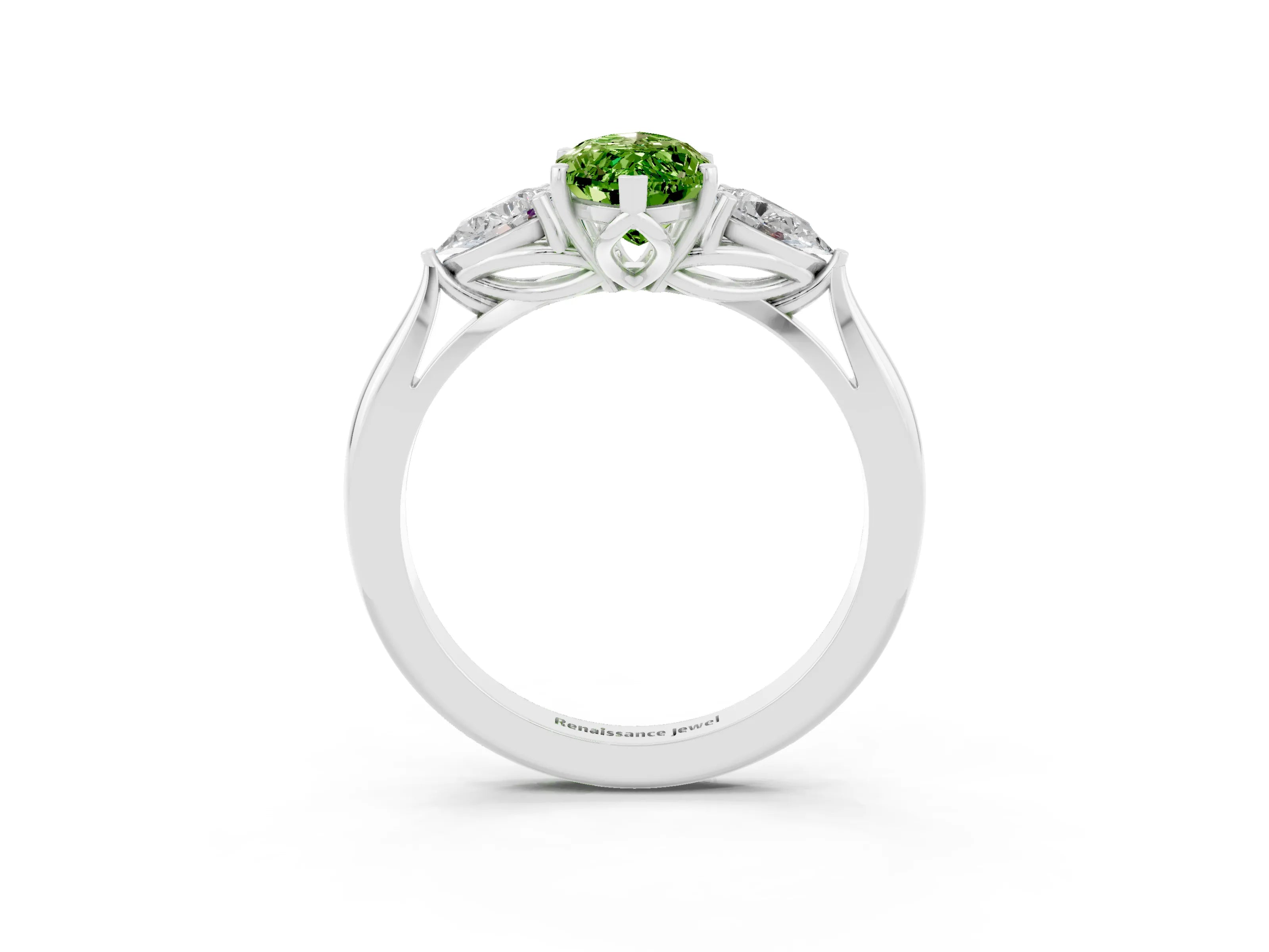 White gold Marquise Cut Peridot Three-Stone Ring with Pear Side Stones and Four-Prong Setting_15