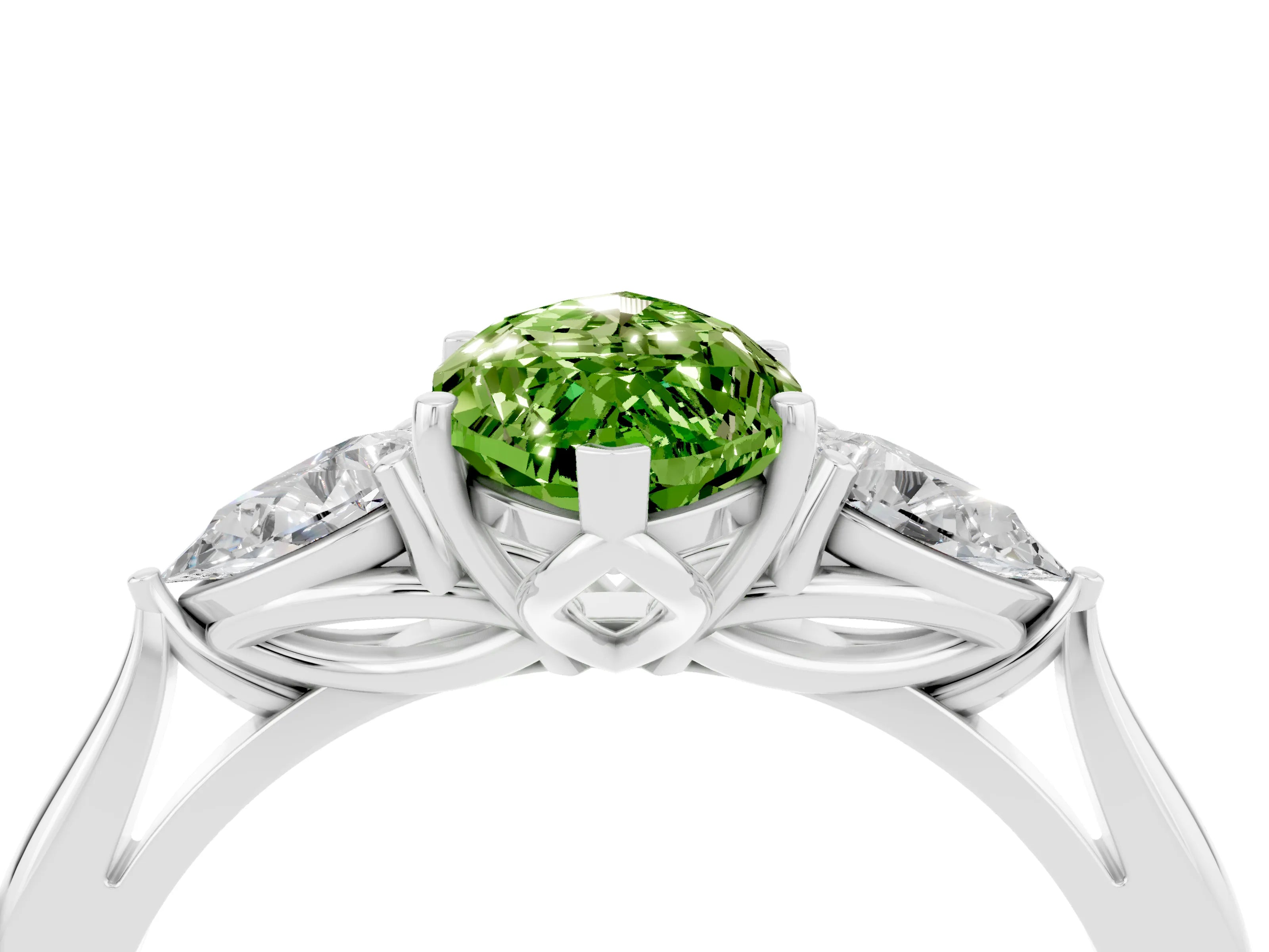 White gold Marquise Cut Peridot Three-Stone Ring with Pear Side Stones and Four-Prong Setting_16