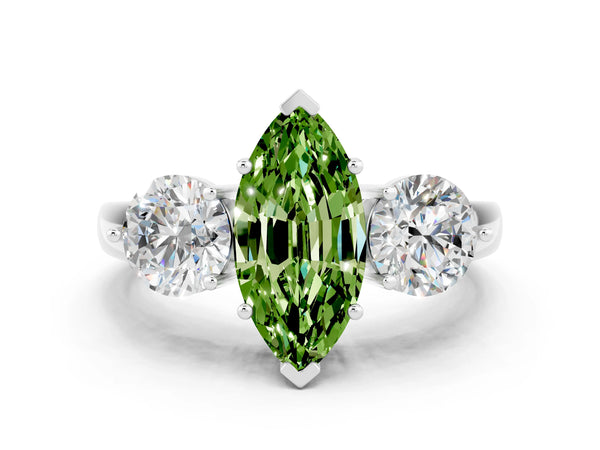 Platinum Marquise Cut Peridot Three-Stone Ring with Prong Setting and Classic Band