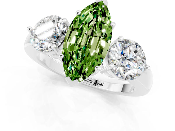Platinum Marquise Cut Peridot Three-Stone Ring with Prong Setting and Classic Band