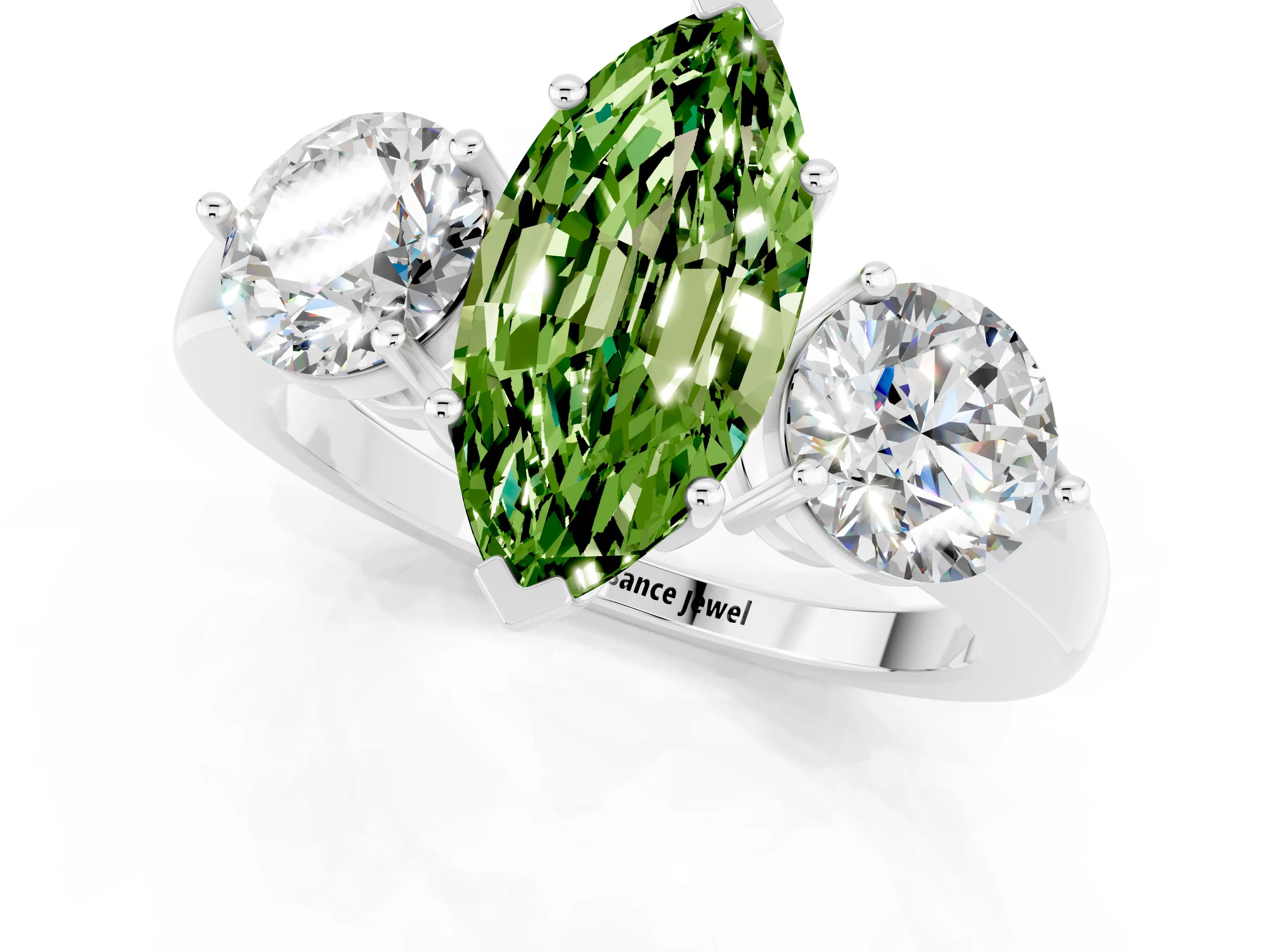 White gold Marquise Cut Peridot Three-Stone Ring with Prong Setting and Classic Band_1