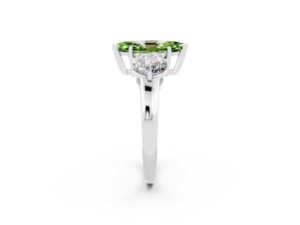 Platinum Marquise Cut Peridot Three-Stone Ring with Prong Setting and Classic Band