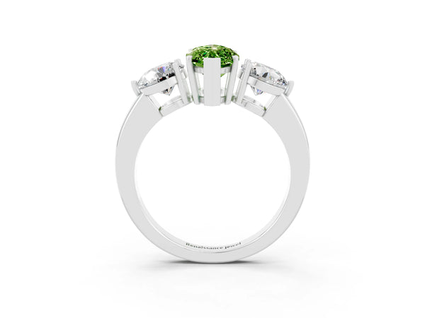 Platinum Marquise Cut Peridot Three-Stone Ring with Prong Setting and Classic Band
