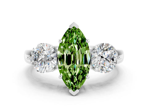 White gold Marquise Cut Peridot Three-Stone Ring with Prong Setting and Classic Band
