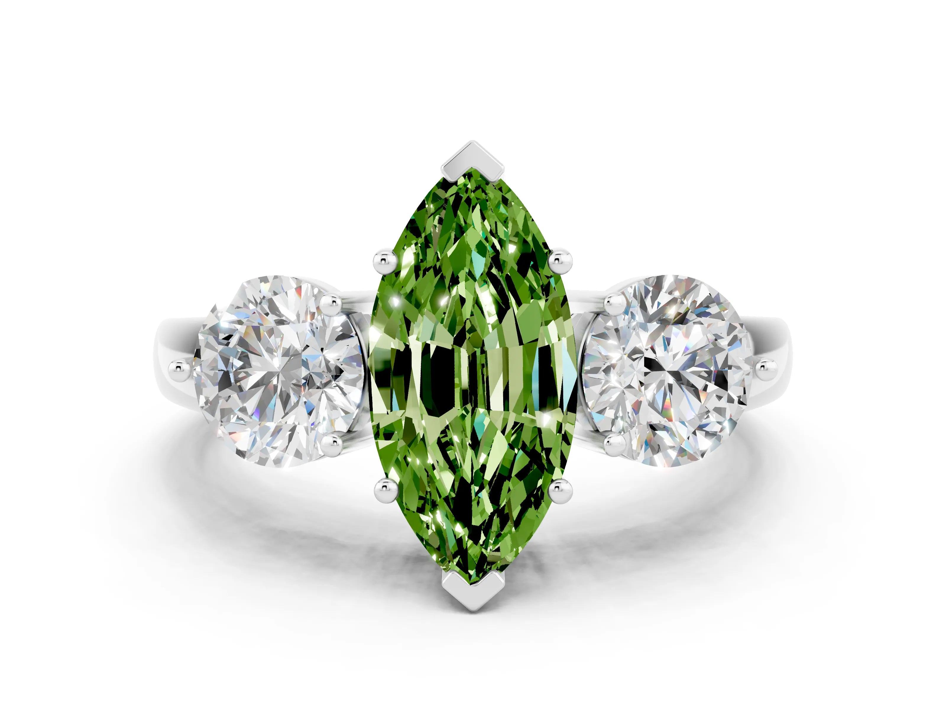 White gold Marquise Cut Peridot Three-Stone Ring with Prong Setting and Classic Band