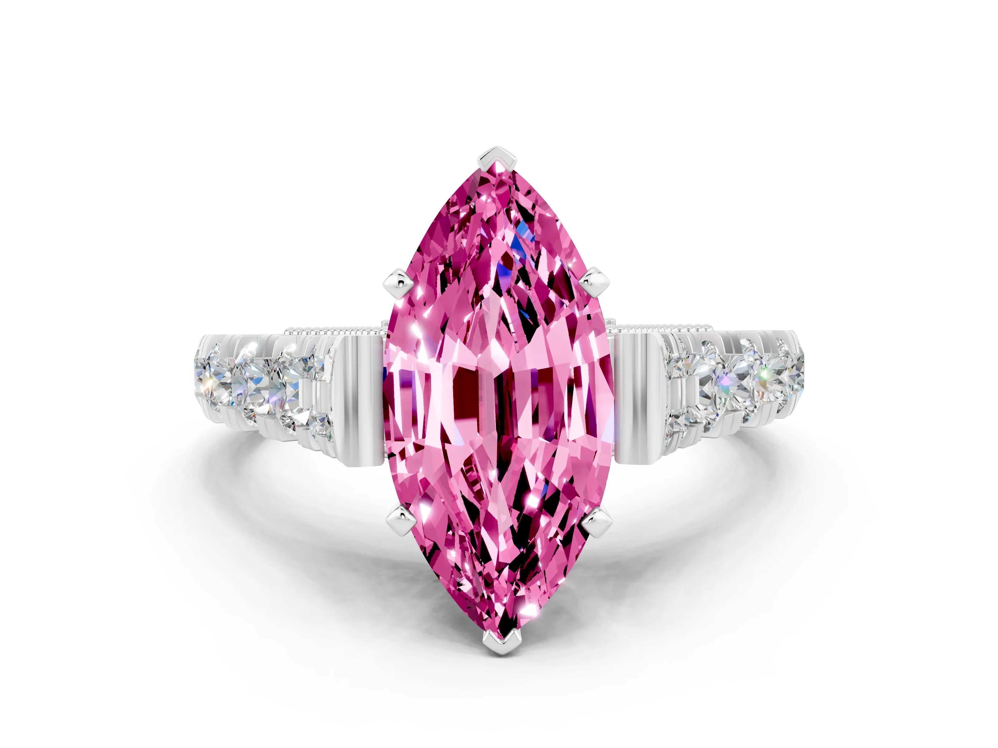White gold Marquise Cut Pink Sapphire Classic Solitaire Ring with Pavé Band and Four-Prong Setting_12