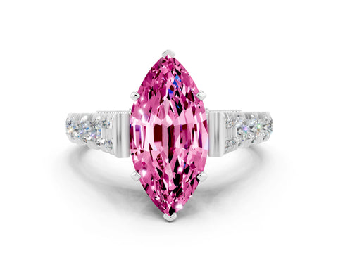 White gold Marquise Cut Pink Sapphire Classic Solitaire Ring with Pavé Band and Four-Prong Setting_12