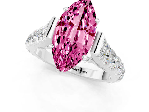 White gold Marquise Cut Pink Sapphire Classic Solitaire Ring with Pavé Band and Four-Prong Setting_13