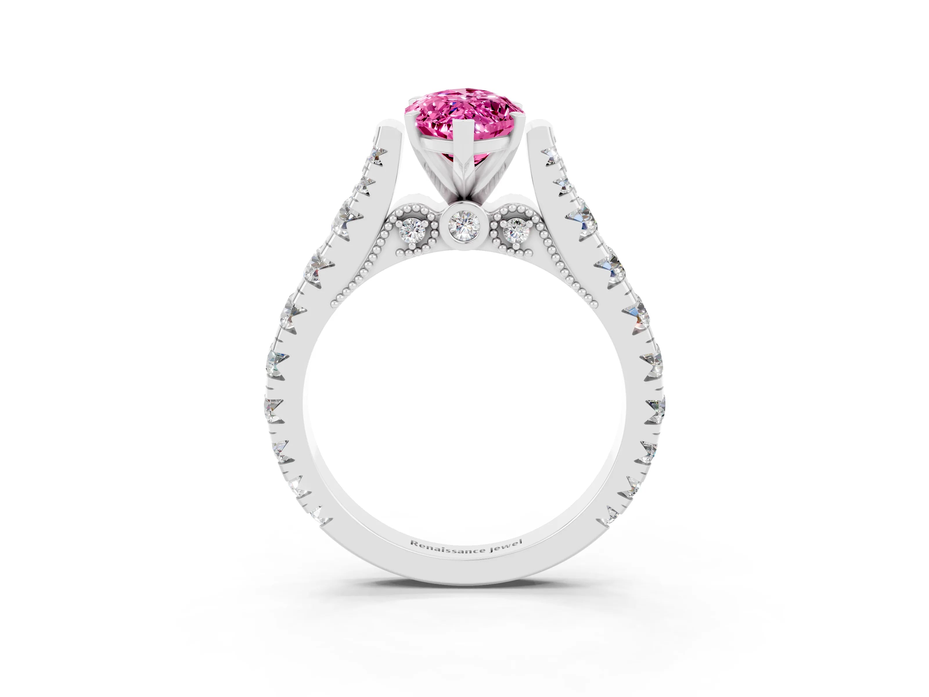 White gold Marquise Cut Pink Sapphire Classic Solitaire Ring with Pavé Band and Four-Prong Setting_15