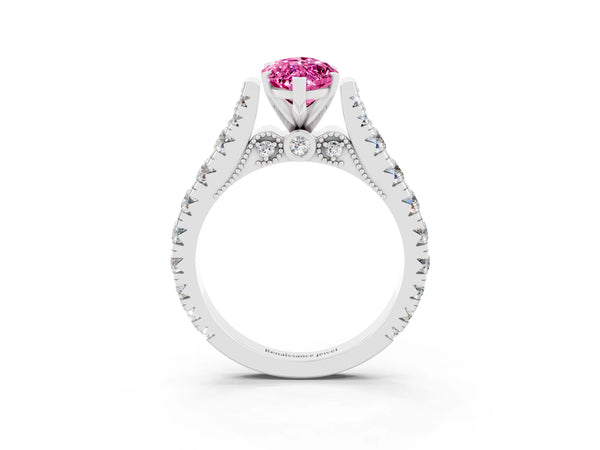 Silver Marquise Cut Pink Sapphire Classic Solitaire Ring with Pavé Band and Four-Prong Setting