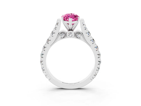 White gold Marquise Cut Pink Sapphire Classic Solitaire Ring with Pavé Band and Four-Prong Setting_15