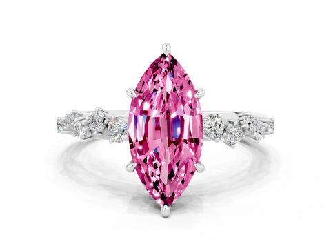 White gold Marquise Cut Pink Sapphire Cluster Side Stone Solitaire Ring with Prong Setting_66