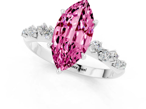 White gold Marquise Cut Pink Sapphire Cluster Side Stone Solitaire Ring with Prong Setting_68