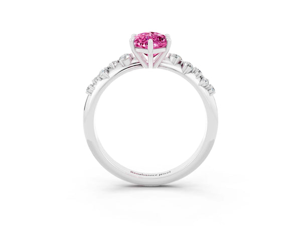 White gold Marquise Cut Pink Sapphire Cluster Side Stone Solitaire Ring with Prong Setting