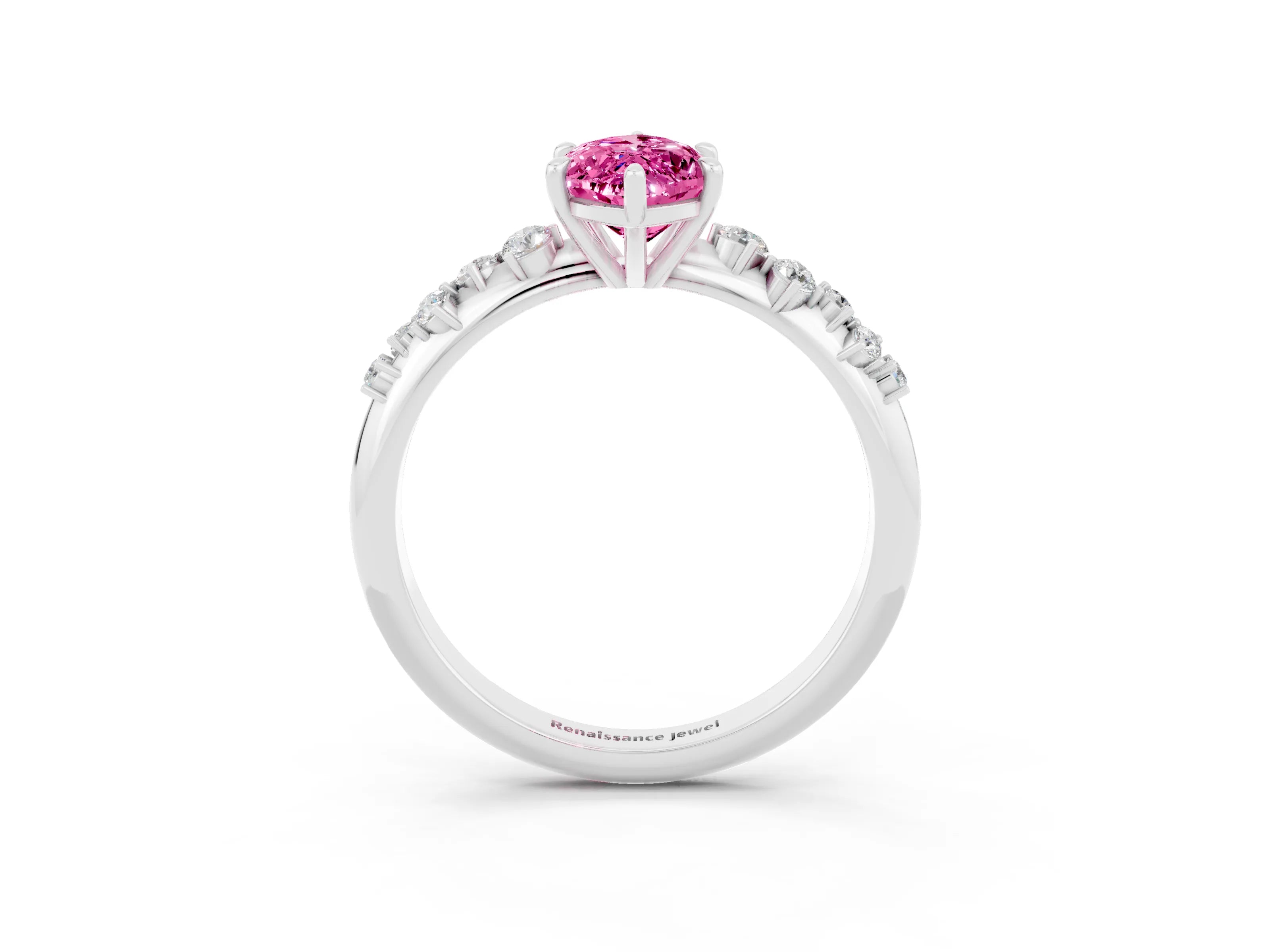 White gold Marquise Cut Pink Sapphire Cluster Side Stone Solitaire Ring with Prong Setting_70