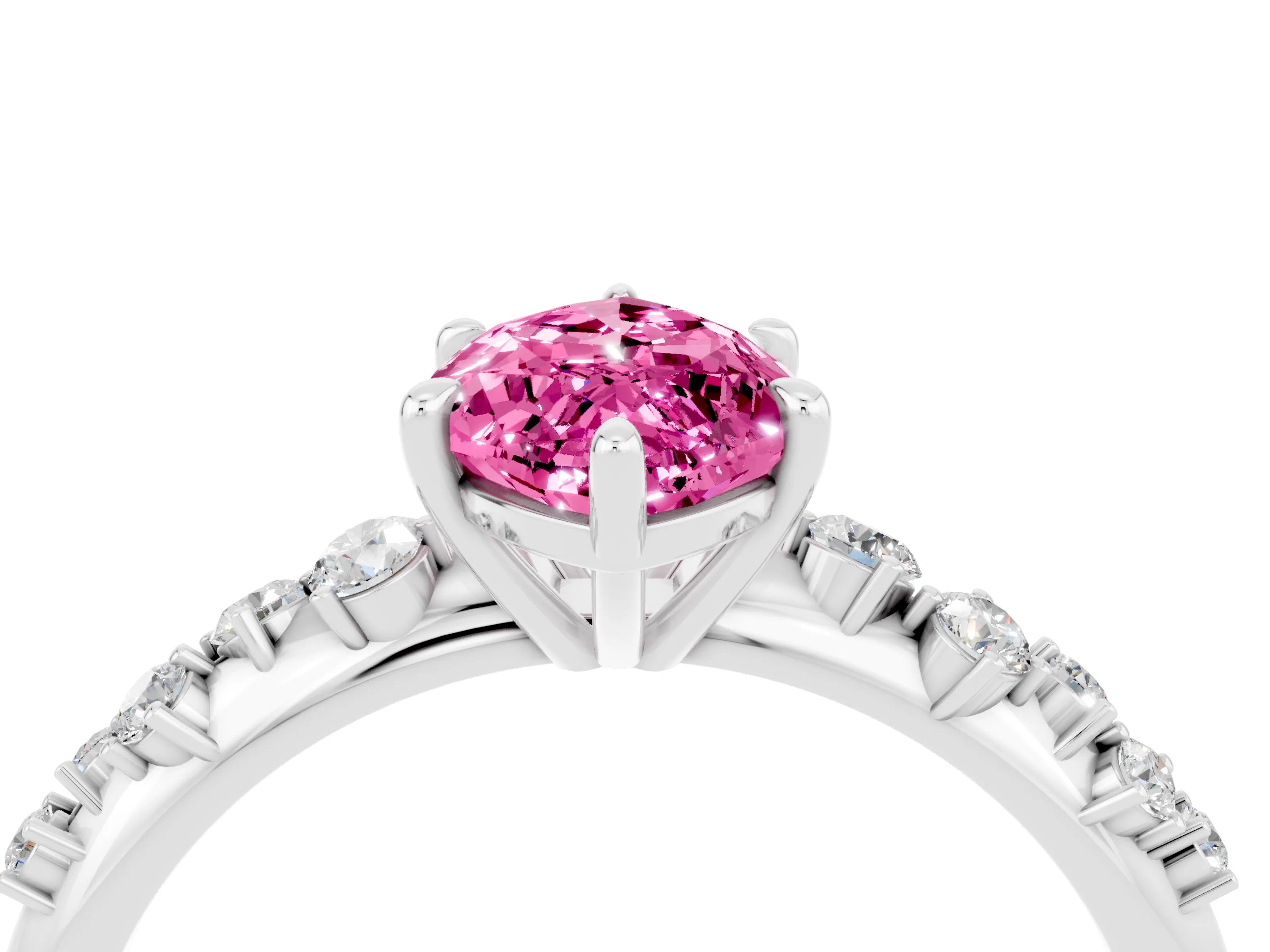 White gold Marquise Cut Pink Sapphire Cluster Side Stone Solitaire Ring with Prong Setting_71