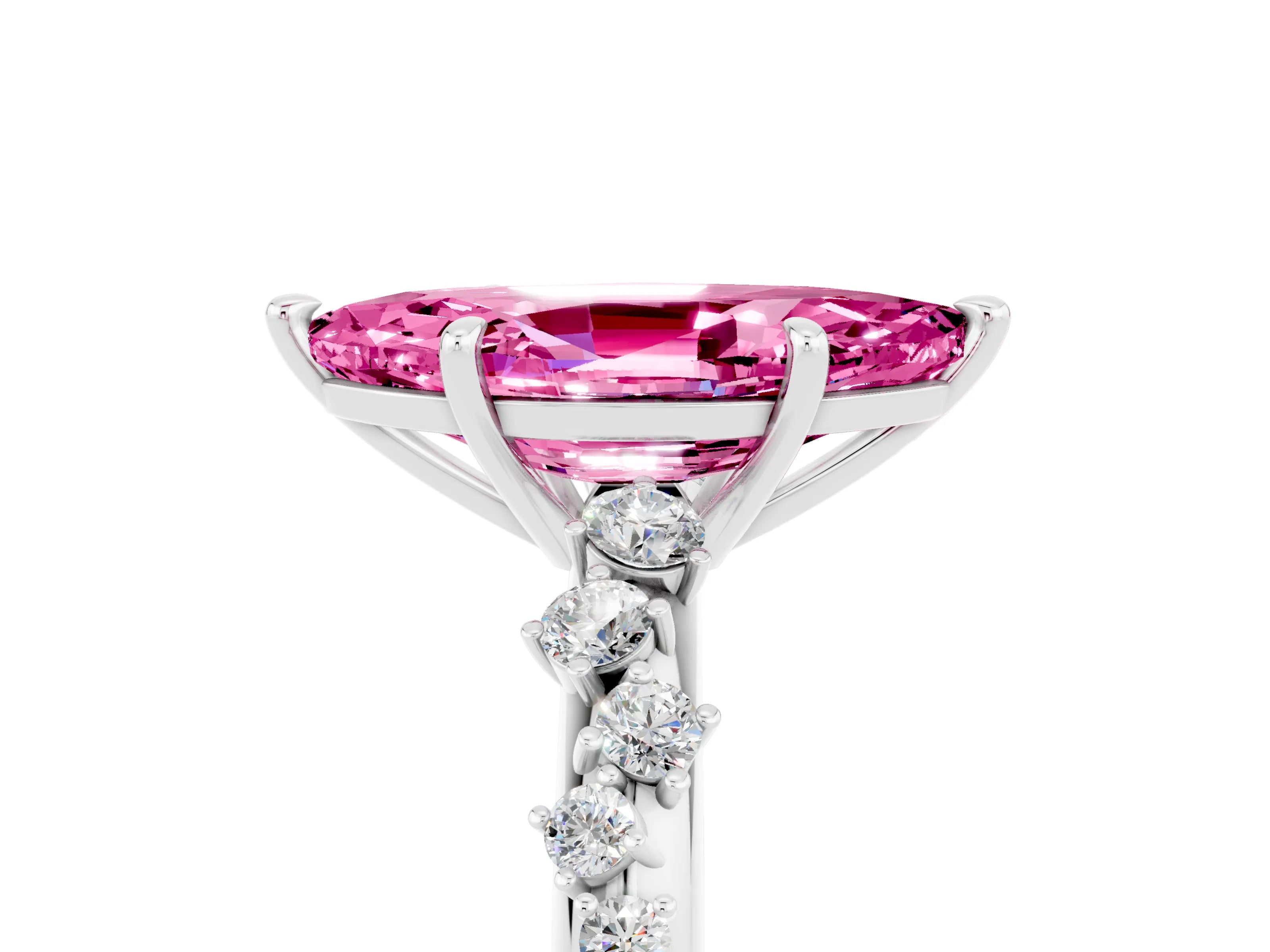 White gold Marquise Cut Pink Sapphire Cluster Side Stone Solitaire Ring with Prong Setting_77