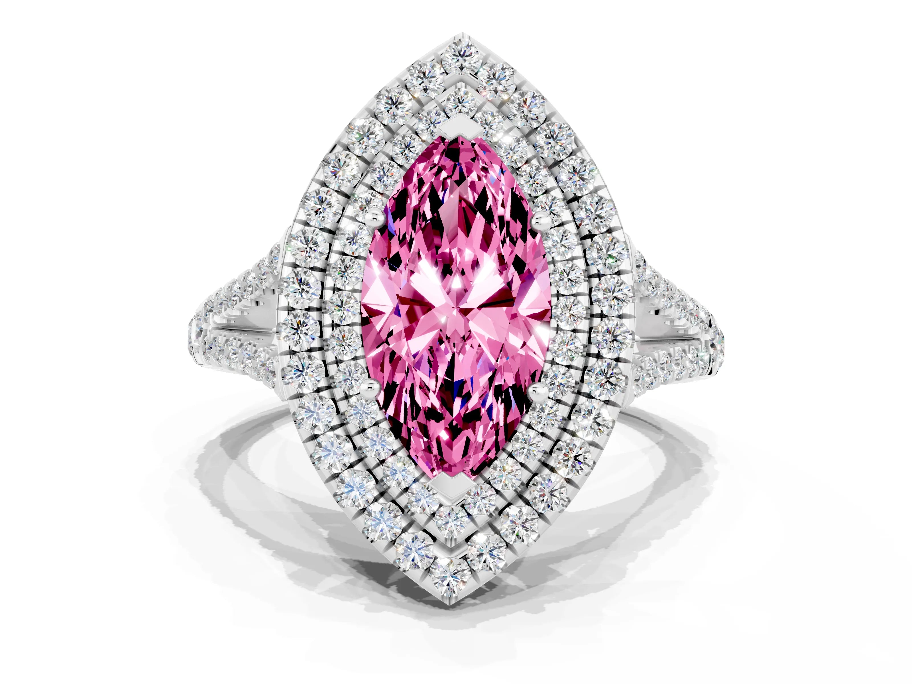 White gold Marquise Cut Pink Sapphire Double Halo Ring with Pavé Band and Prong Setting_12