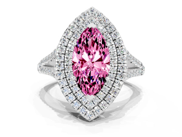 White gold Marquise Cut Pink Sapphire Double Halo Ring with Pavé Band and Prong Setting