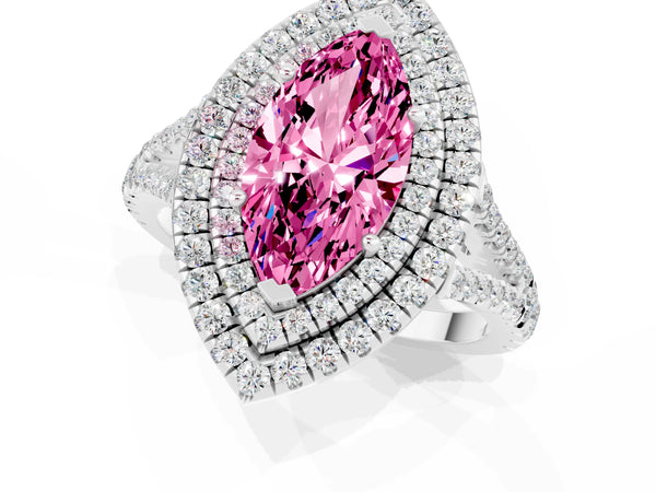 Silver Marquise Cut Pink Sapphire Double Halo Ring with Pavé Band and Prong Setting