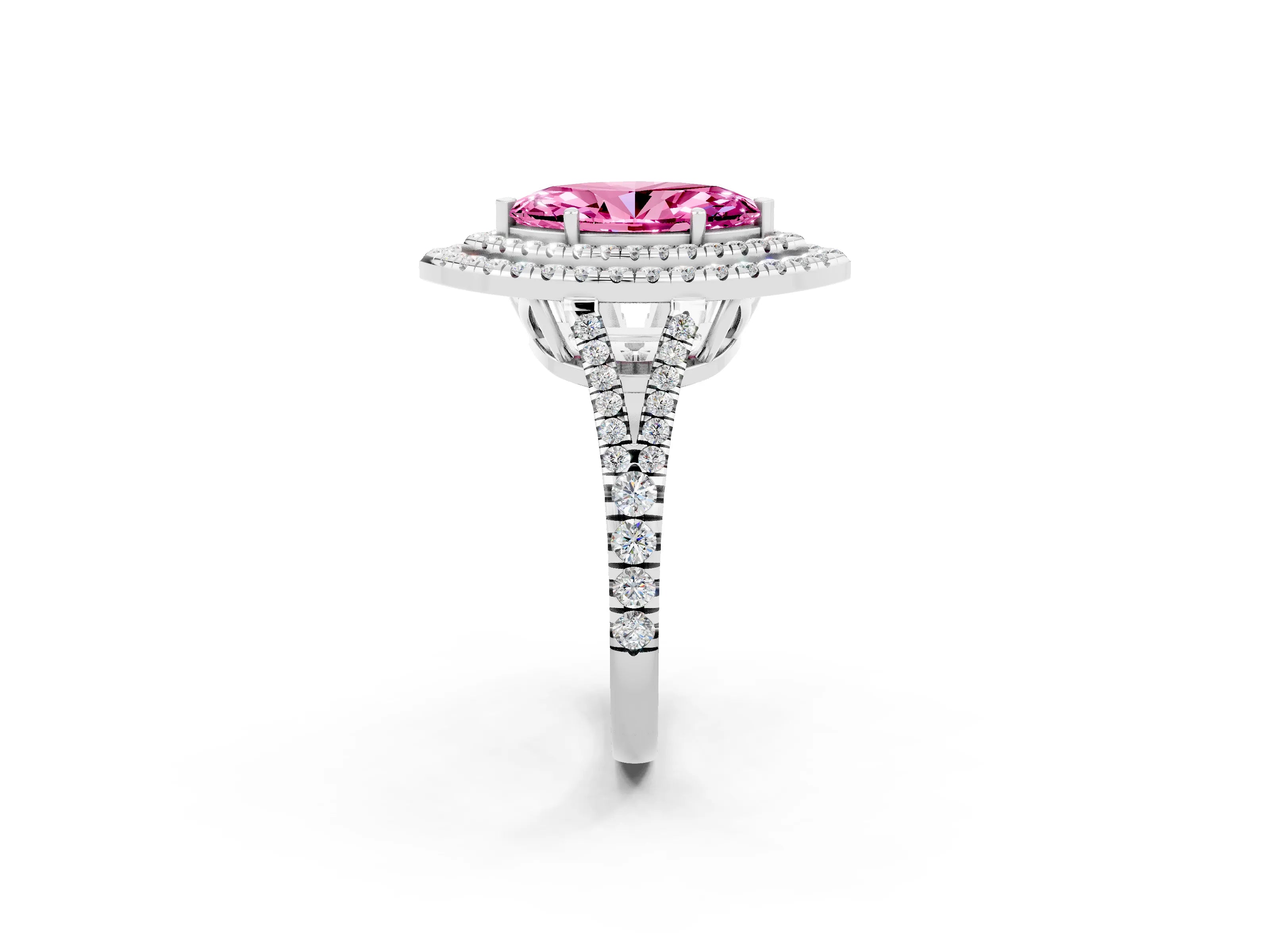 White gold Marquise Cut Pink Sapphire Double Halo Ring with Pavé Band and Prong Setting_14