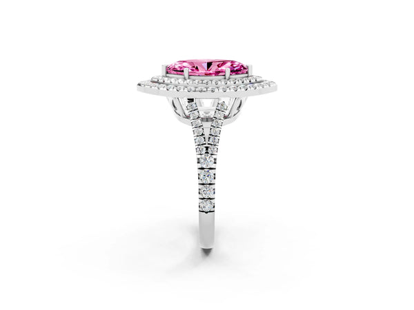 Platinum Marquise Cut Pink Sapphire Double Halo Ring with Pavé Band and Prong Setting