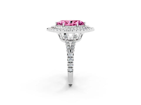 White gold Marquise Cut Pink Sapphire Double Halo Ring with Pavé Band and Prong Setting_14