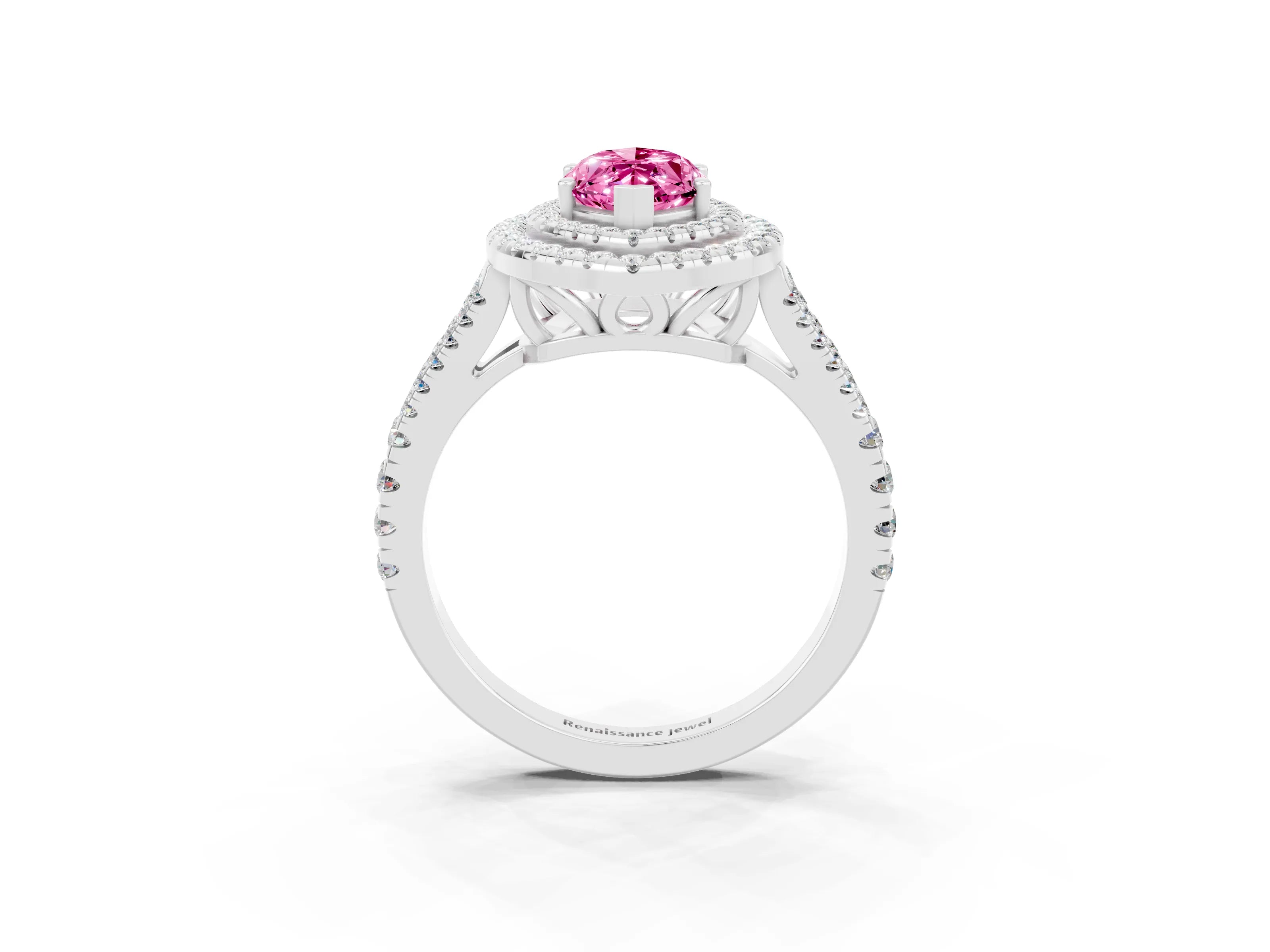 White gold Marquise Cut Pink Sapphire Double Halo Ring with Pavé Band and Prong Setting_15