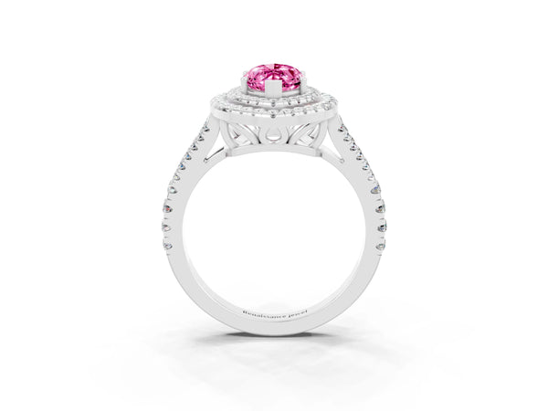 Silver Marquise Cut Pink Sapphire Double Halo Ring with Pavé Band and Prong Setting