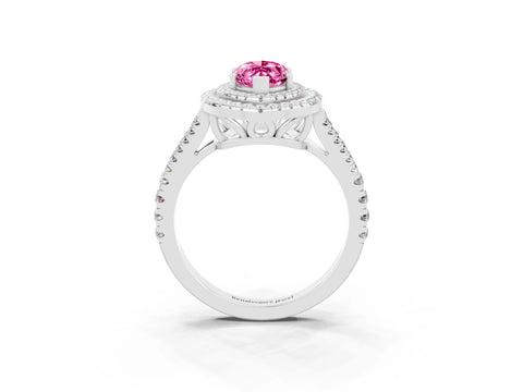 White gold Marquise Cut Pink Sapphire Double Halo Ring with Pavé Band and Prong Setting_15