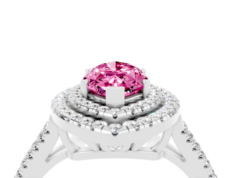 White gold Marquise Cut Pink Sapphire Double Halo Ring with Pavé Band and Prong Setting_16