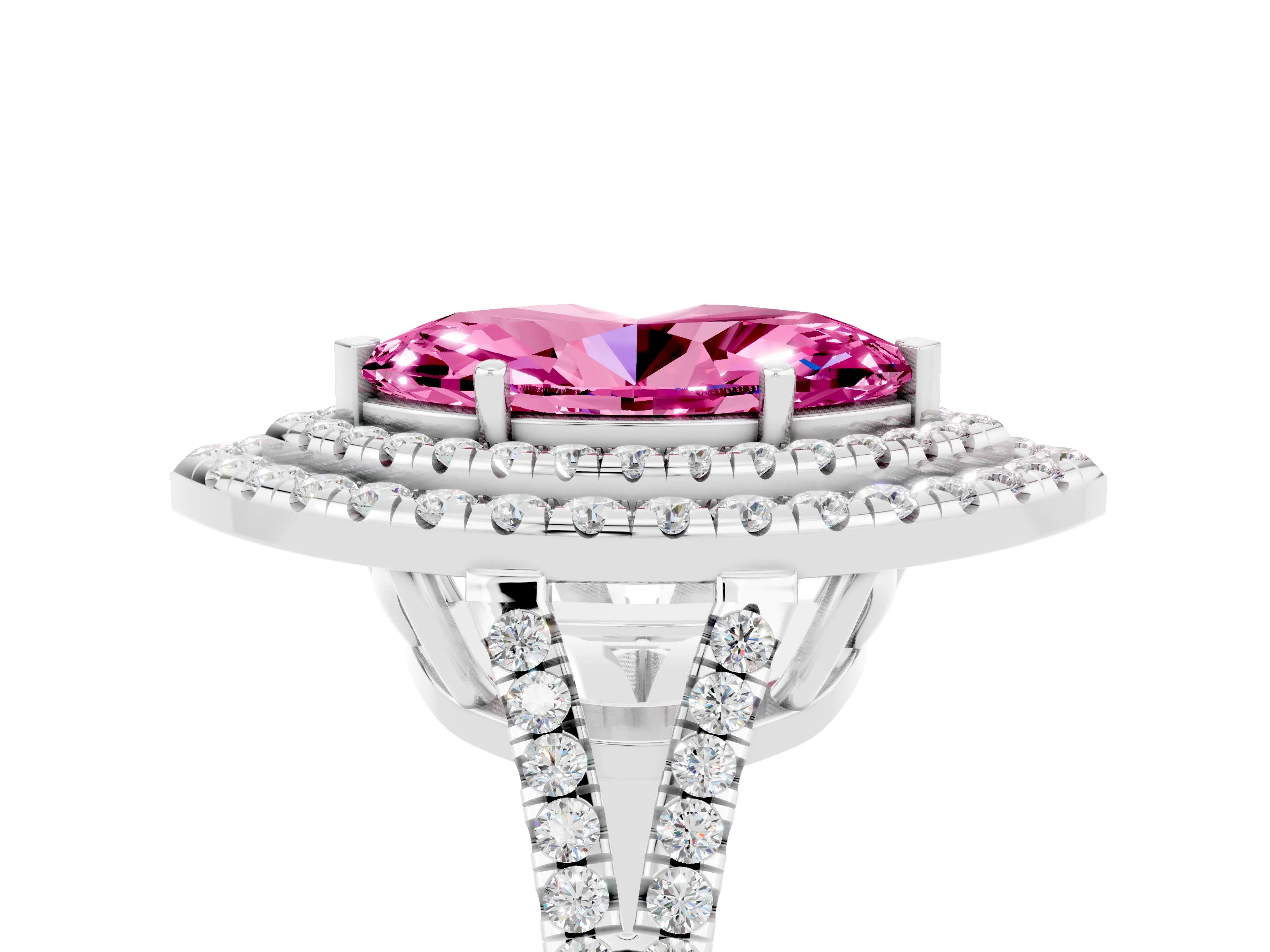 White gold Marquise Cut Pink Sapphire Double Halo Ring with Pavé Band and Prong Setting_17